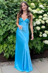 Dreamyannie Aqua Blue Spaghetti Strap Long Satin Prom Dress With Lace Bodice Formal Evening Gown