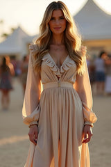 Dreamyannie Asymmetrical Length Apricot Wedding Guest Dress Ruffled Formal Dress With Long Sleeves