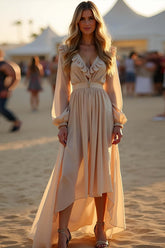 Dreamyannie Asymmetrical Length Apricot Wedding Guest Dress Ruffled Formal Dress With Long Sleeves
