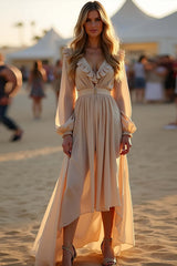 Dreamyannie Asymmetrical Length Apricot Wedding Guest Dress Ruffled Formal Dress With Long Sleeves
