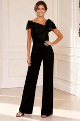 Dreamyannie Asymmetrical Neck Black Long Mother Of The Bride Jumpsuits With Bows