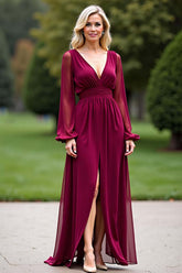 Dreamyannie Backless Long Burgundy Wedding Guest Dress V-Neck Chiffon Formal Dress With Slit