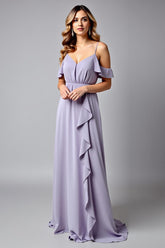Dreamyannie Backless Ruched Lilac V-Neck Long Formal Dress