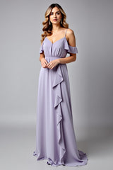 Dreamyannie Backless Ruched Lilac V-Neck Long Formal Dress