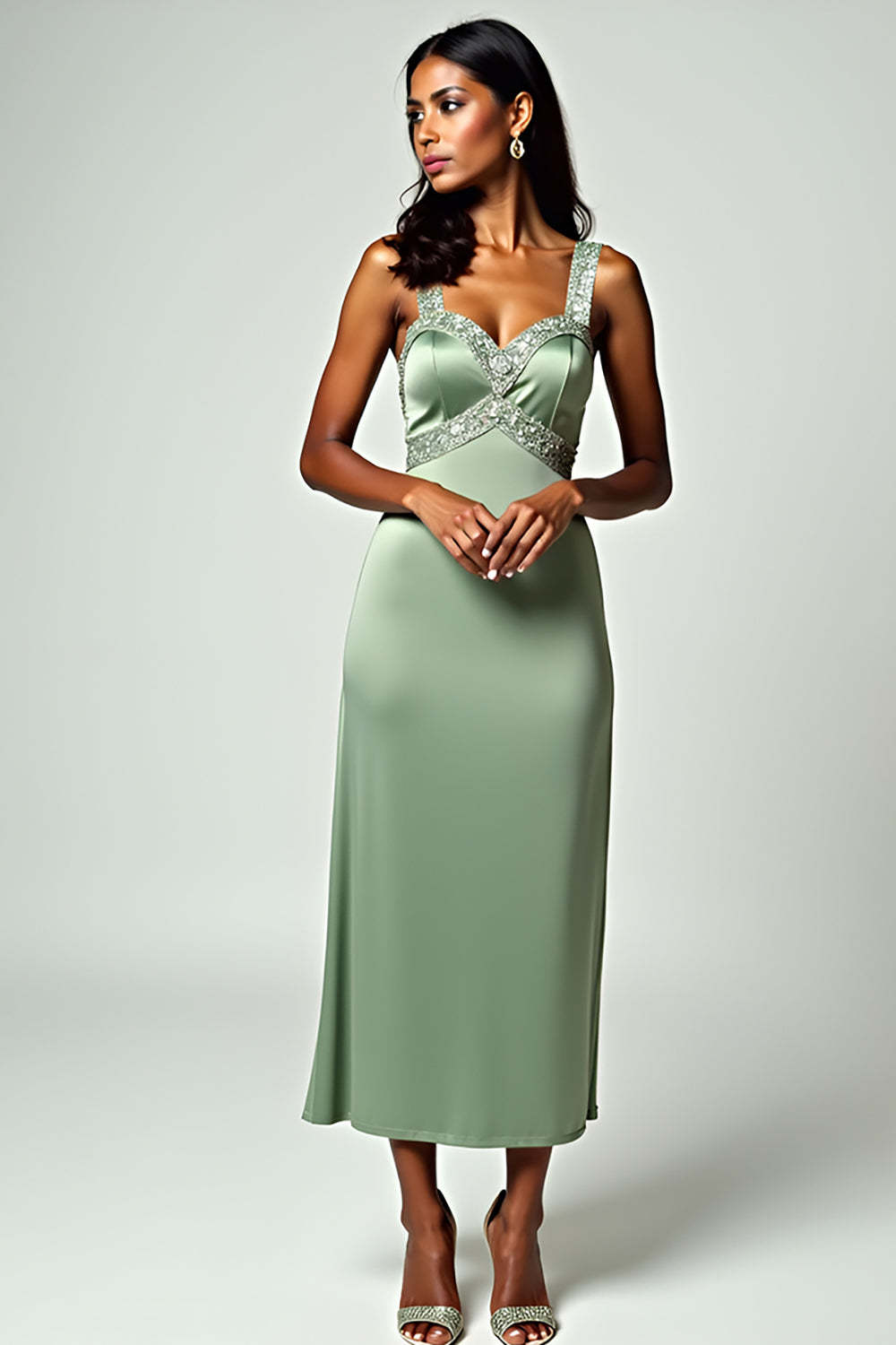 Dreamyannie Backless Tea-Length Column Dusty Sage Wedding Guest Dress Formal Dress With Beading