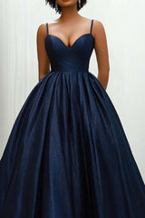 Dreamyannie Ball Gown Sweetheart Navy Wedding Guest Dress Spaghetti Straps Long Satin Formal Dress With Pockets