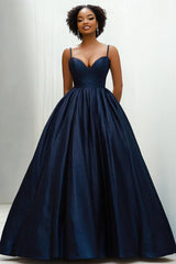 Dreamyannie Ball Gown Sweetheart Navy Wedding Guest Dress Spaghetti Straps Long Satin Formal Dress With Pockets