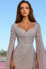 Dreamyannie Beaded Cap Sleeve Prom Dress Sheath Evening Dress with Slit