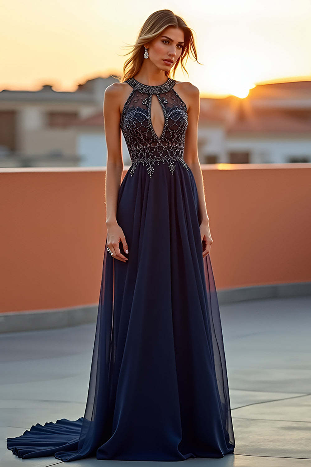 Dreamyannie Beaded Navy Wedding Guest Dress Halter Long Formal Dress With Embroideries