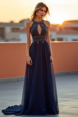 Dreamyannie Beaded Navy Wedding Guest Dress Halter Long Formal Dress With Embroideries