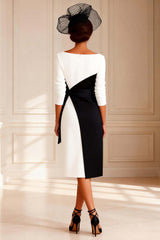 Dreamyannie Black And White Bodycon Boat Neck Midi Mother Of The Bride Dress With Sleeves