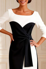 Dreamyannie Black And White Bodycon Boat Neck Midi Mother Of The Bride Dress With Sleeves