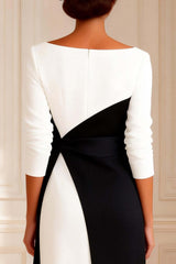 Dreamyannie Black And White Bodycon Boat Neck Midi Mother Of The Bride Dress With Sleeves