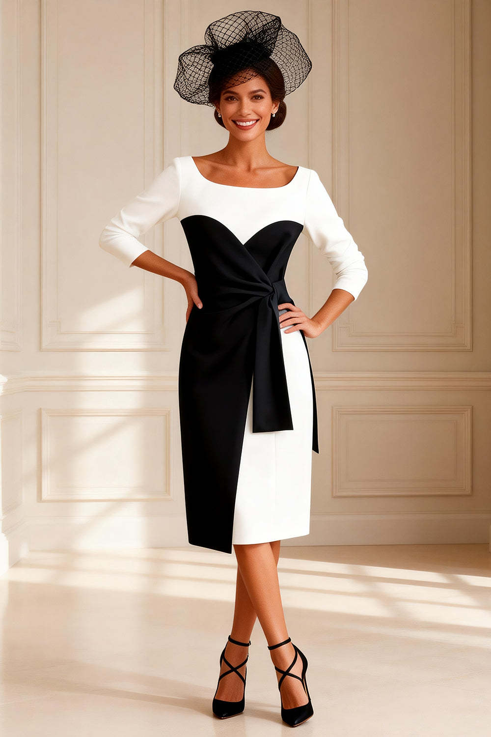 Dreamyannie Black And White Bodycon Boat Neck Midi Mother Of The Bride Dress With Sleeves