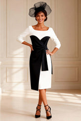 Dreamyannie Black And White Bodycon Boat Neck Midi Mother Of The Bride Dress With Sleeves