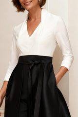Dreamyannie Black And White Lapel Floor Length Mother Of The Bride Jumpsuits