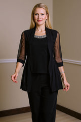 Dreamyannie Black Beaded Boat Neck 3 Piece Mother Of The Bride Pant Suits With Jacket
