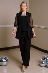 Dreamyannie Black Beaded Boat Neck 3 Piece Mother Of The Bride Pant Suits With Jacket