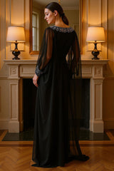 Dreamyannie Black Chiffon Floor Length Mother Of The Bride Dress With Rhinestones