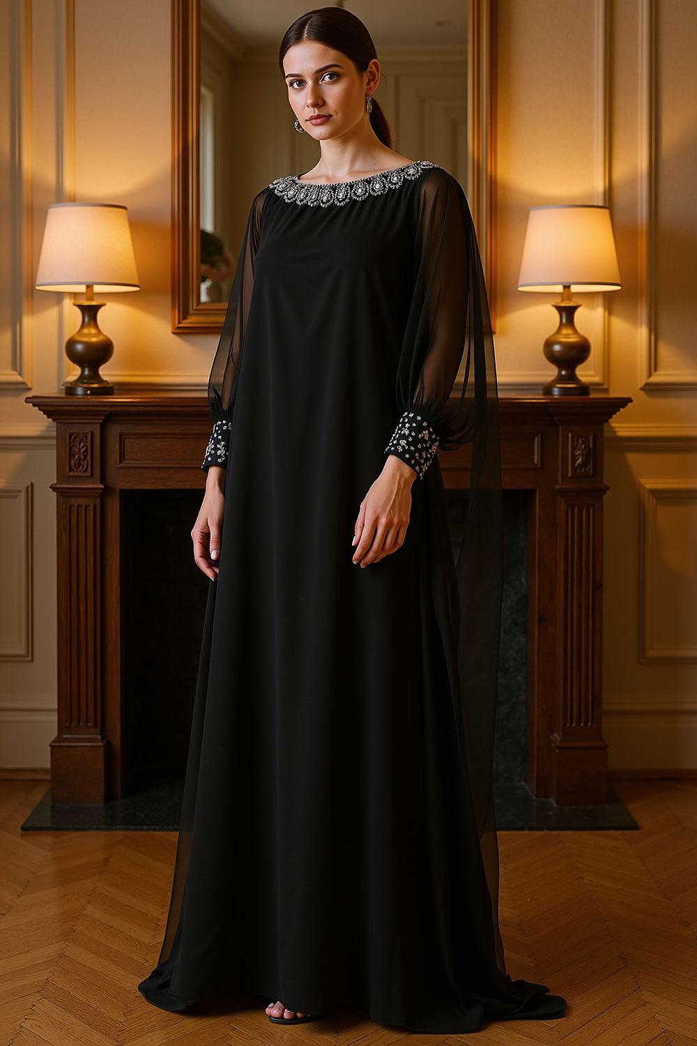 Dreamyannie Black Chiffon Floor Length Mother Of The Bride Dress With Rhinestones