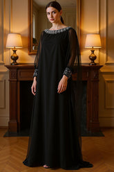 Dreamyannie Black Chiffon Floor Length Mother Of The Bride Dress With Rhinestones