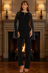 Dreamyannie Black Chiffon Round Neck 2 Piece Mother Of The Bride Pant Suits With Beading