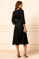 Dreamyannie Black Lace A Line Boat Neck Tea Length Mother Of The Bride Dress