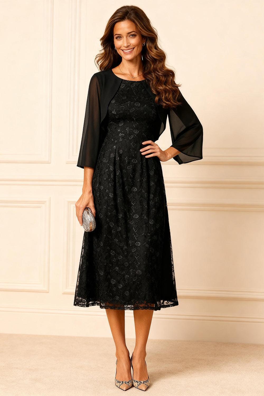 Dreamyannie Black Lace A Line Boat Neck Tea Length Mother Of The Bride Dress