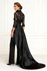 Dreamyannie Black Lace Lapel Floor Length Mother Of The Bride Pant Suits With Cape