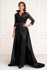 Dreamyannie Black Lace Lapel Floor Length Mother Of The Bride Pant Suits With Cape