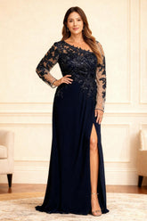 Dreamyannie Black One Shoulder Lace Floor Length Plus Size Mother Of The Bride Dress With Slit