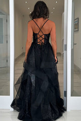 Dreamyannie Black Prom Dress A-Line Ruffles Spaghetti Straps Long Evening Dress