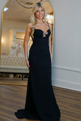 Dreamyannie Black Prom Dress A Line Spaghetti Straps Long Formal Dress With Bow