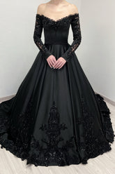 Dreamyannie Black Prom Dress A Line V Neck Lace Off The Shoulder Beading Satin Formal Dress
