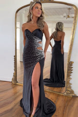 Dreamyannie Black Prom Dress Beaded Mermaid Sweetheart Long Evening Dress With Slit