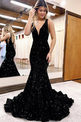 Dreamyannie Black Prom Dress Deep V-Neck Mermaid Evening Dress