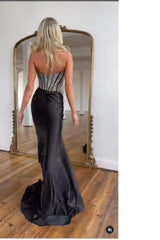 Dreamyannie Black Prom Dress Mermaid Evening Dress With Slit