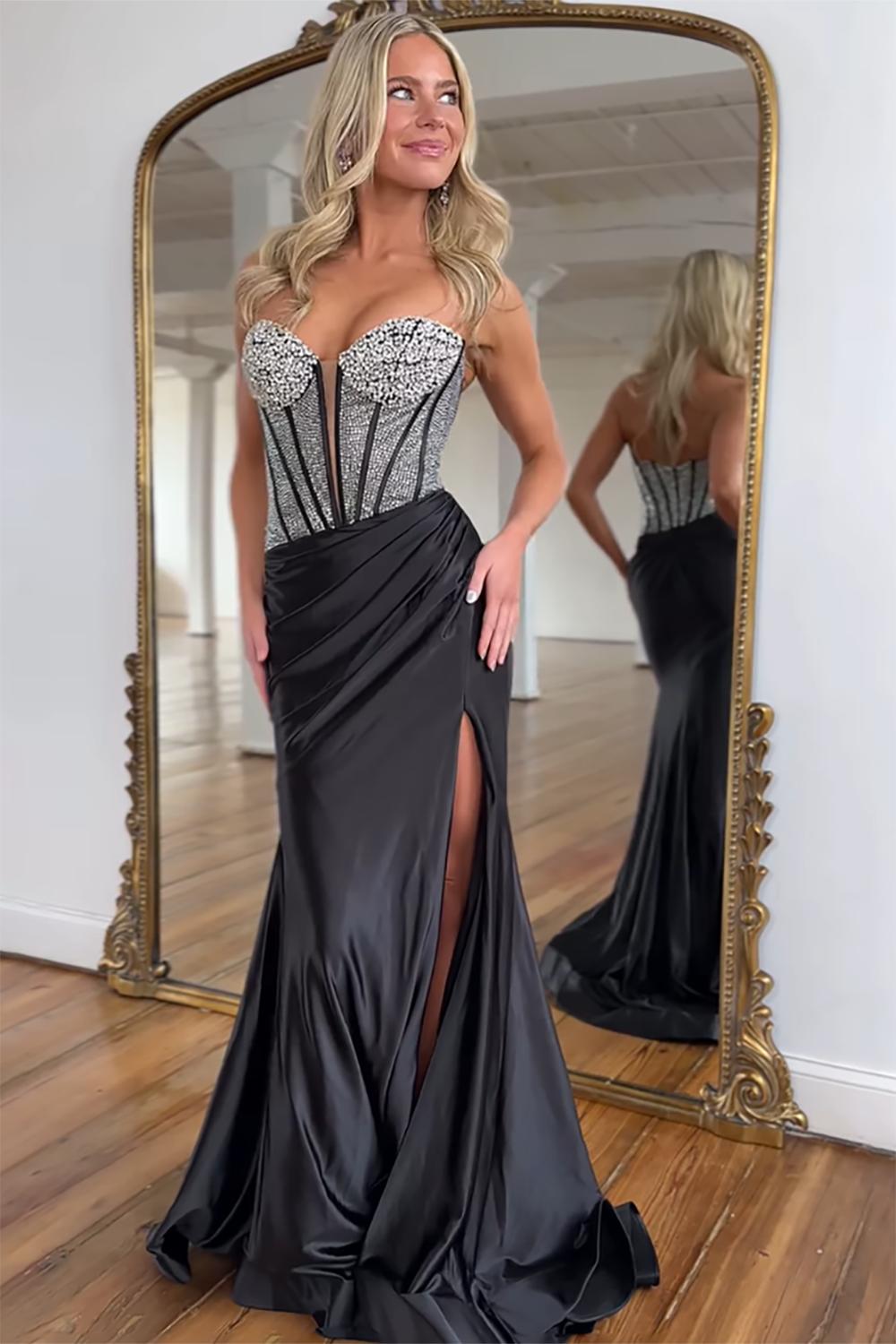 Dreamyannie Black Prom Dress Mermaid Evening Dress With Slit