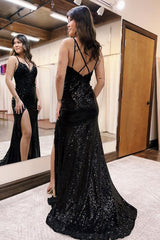 Dreamyannie Black Prom Dress Mermaid Floral Long Evening Dress With Slit