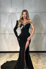 Dreamyannie Black Prom Dress Mermaid One Shoulder Satin Glitter Sleeve Formal Dress With Slit