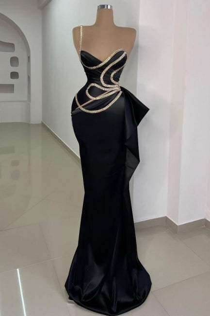 Dreamyannie Black Prom Dress Mermaid One Shoulder Sleeveless Evening Dress With Lace