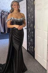 Dreamyannie Black Prom Dress Mermaid Side Cape Corset Long Beaded Evening Dress