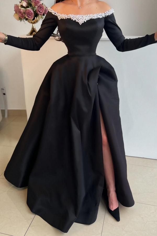 Dreamyannie Black Prom Dress Off The Shoulder A Line Satin Slit Sleeves Evening Dress With Pearls