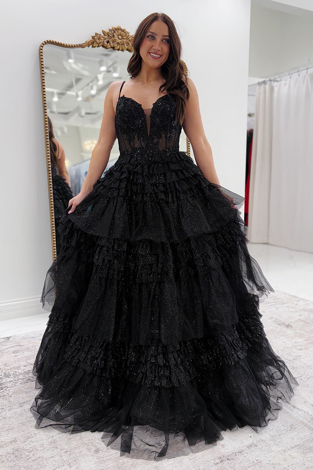 Dreamyannie Black Prom Dress Ruffled A Line Tulle Formal Dress