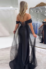 Dreamyannie Black Prom Dress Satin Mermaid Beaded Long Formal Dress With Slit