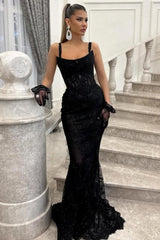 Dreamyannie Black Prom Dress Spaghetti Strap Mermaid Sleeveless Beaded Evening Lace Formal Dress