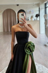 Dreamyannie Black Prom Dress Strapless A Line Sleeveless Sweep Train Satin Formal Dress With High Slit