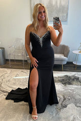 Dreamyannie Black Prom Dress Sweetheart Mermaid Long Formal Dress With Slit