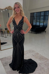 Dreamyannie Black Prom Dress V-Neck Sheath Beaded Formal Dress