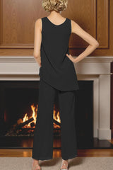 Dreamyannie Black Round Neck Chiffon 3 Piece Mother Of The Bride Pant Suits With Sleeves